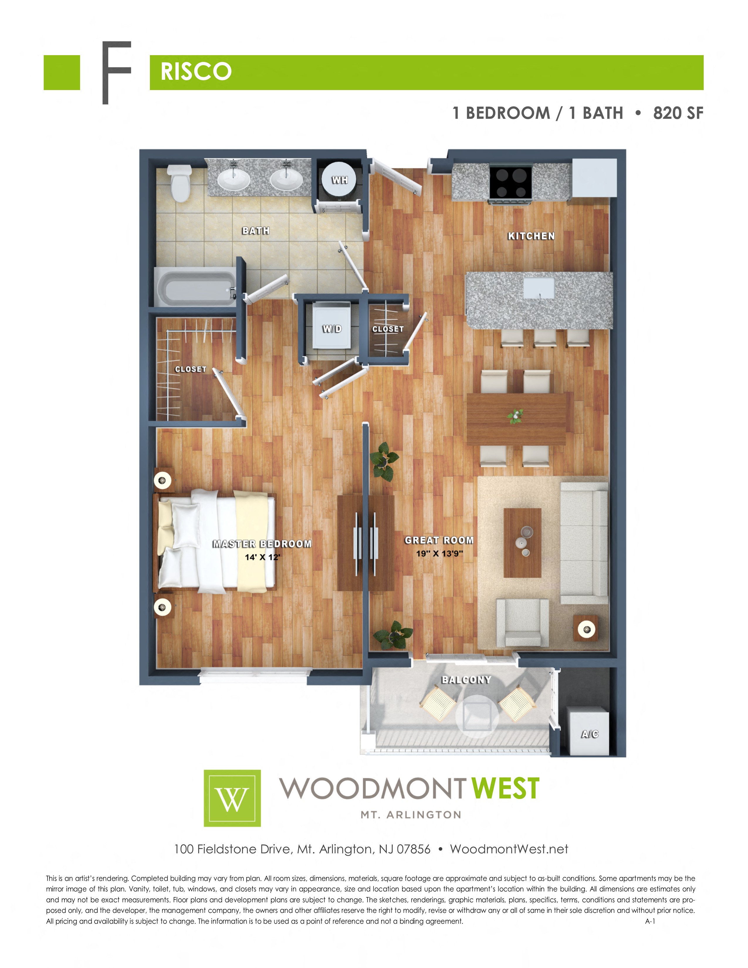 Floor plan for 1 bed, 1 bath, 820 sqft